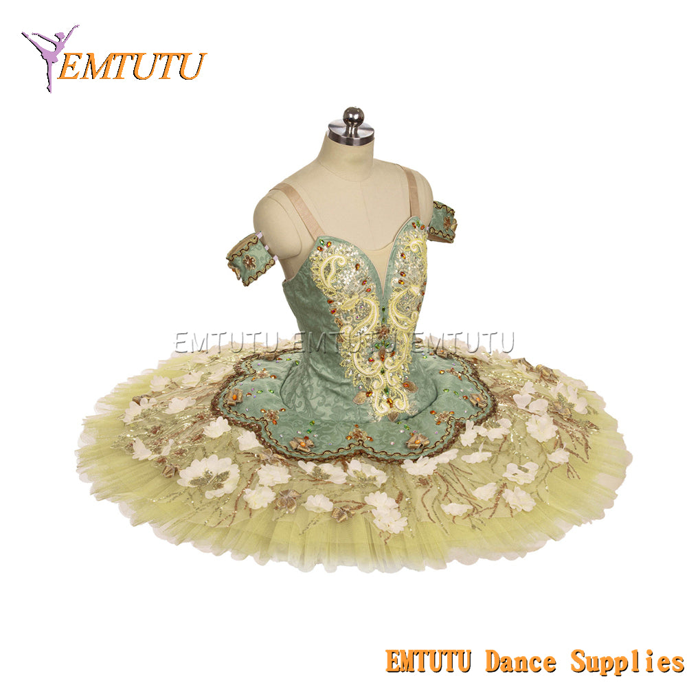 EM1440 EMTUTU Women Girls Professional Ballet Tutu Green Golden Ballet Pancake Tutu Performance Classical Ballet Tutu