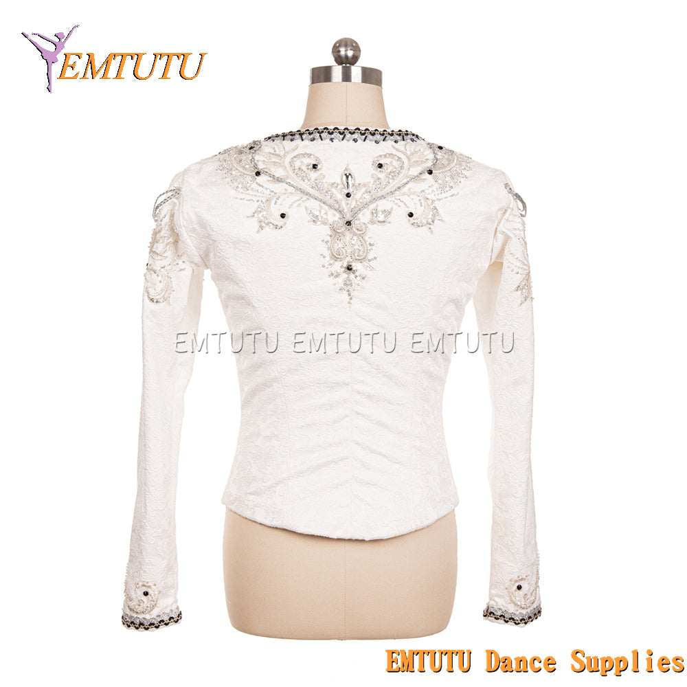 EM003 White Silver Boy's Professional Ballet Costume Dance Top,Stage Performance Ballet Tunic,Men's Ballet Jacket Outwear Coat Male