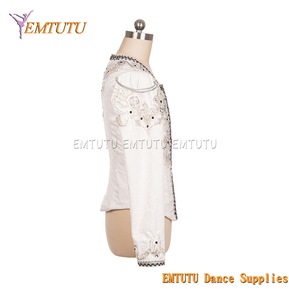 EM003 White Silver Boy's Professional Ballet Costume Dance Top,Stage Performance Ballet Tunic,Men's Ballet Jacket Outwear Coat Male