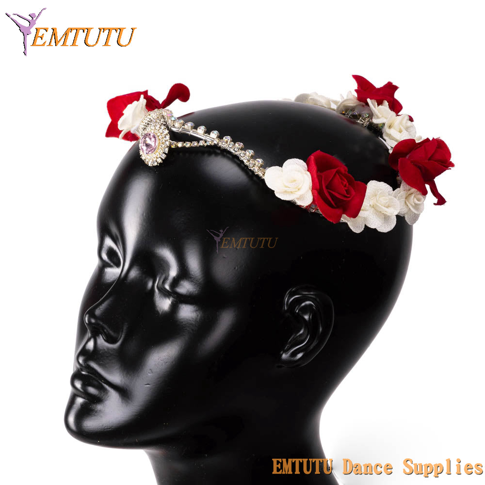 EMTUTU Ballet Headwear for The Awakening of Flora Red White Flowers Professional Ballet Headpiece Garland