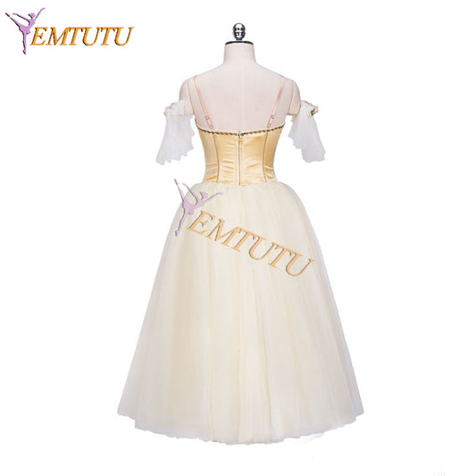 EMTUTU Adult Stetch Satin Gold Fairy Custom Ballerina Long Dress Professional Romantic Tutu Ballet Costume