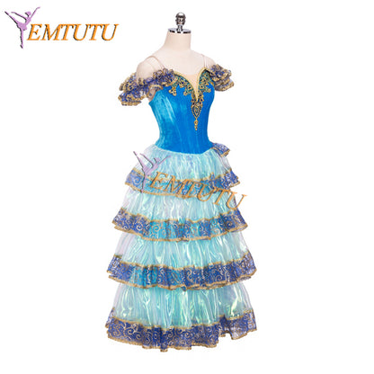 Spanish Style Kitri Dance Costumes Blue Velvet Paquita Romantic Ballet Tutu Dress for Girls