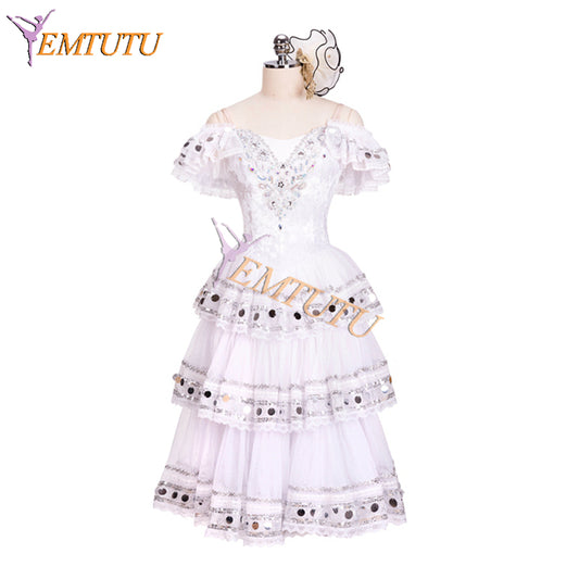 EMTUTU Girls White Kitri Variation Dress Tutu Adults Professional Spanish Dance Paquita Ballet Costume