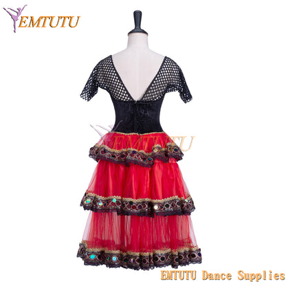 EMTUTU Red and Black Kitri Variation Spanish Style Stage Costume Romantic Tutu Ballet Dress for Girls
