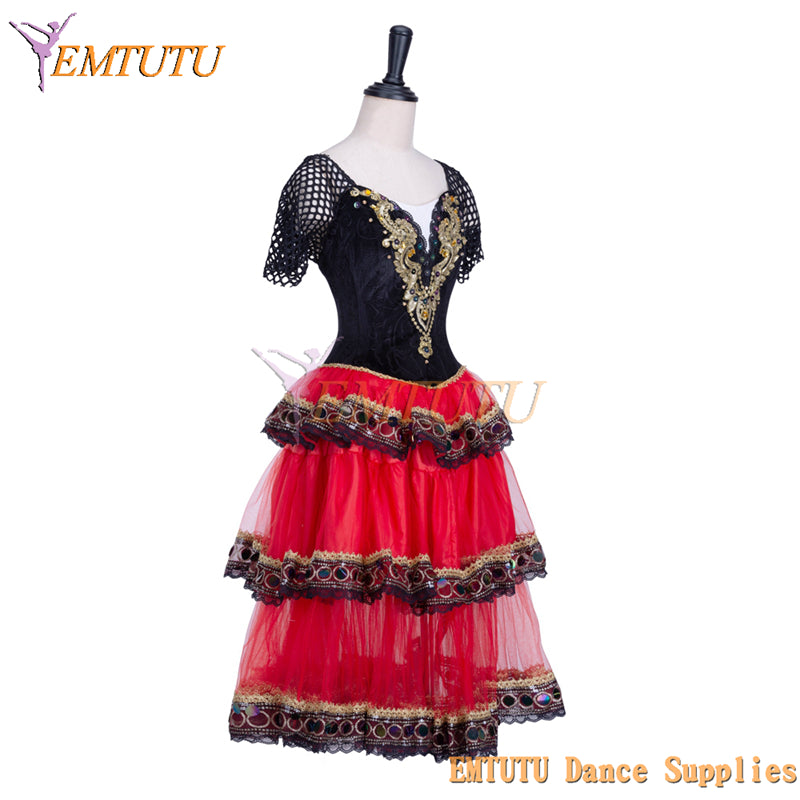 EMTUTU Red and Black Kitri Variation Spanish Style Stage Costume Romantic Tutu Ballet Dress for Girls