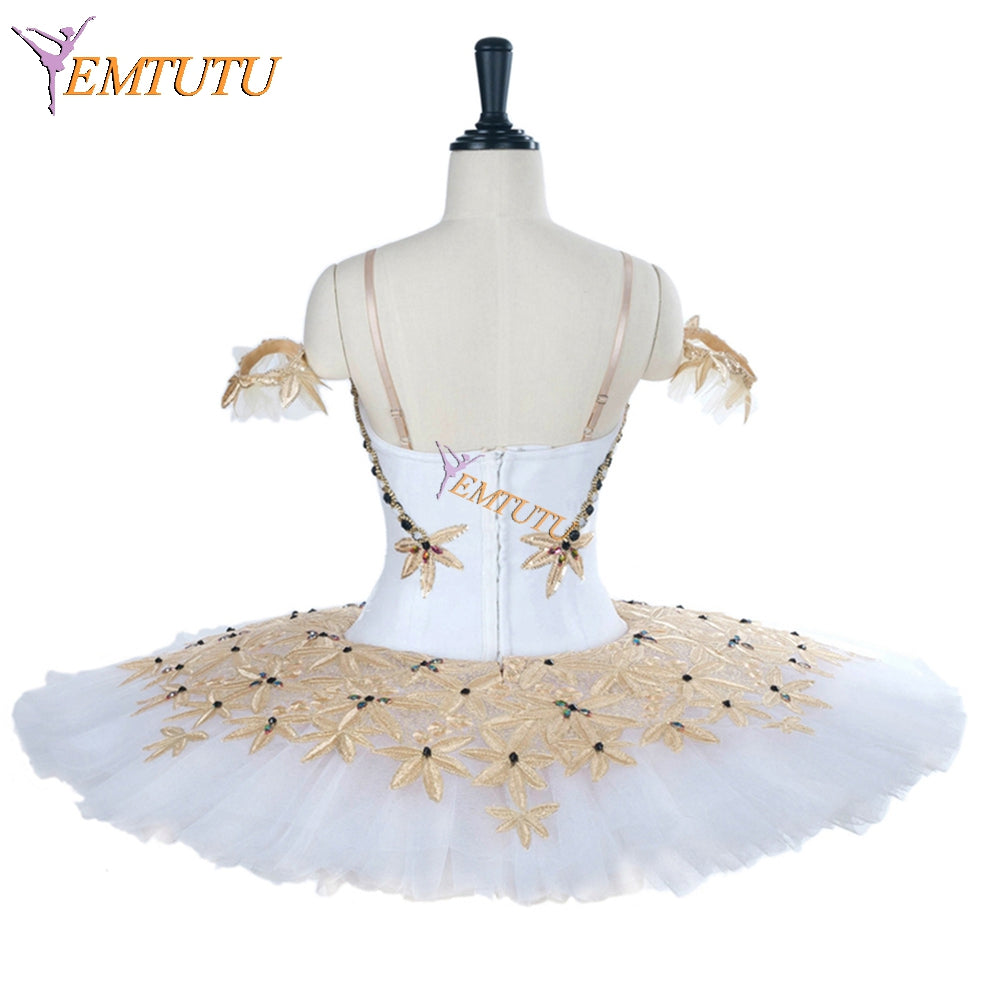 EM1283 EMTUTU Adult White and Gold Ballerina Professional Platter Tutu Girls Coppelia Doll Costume Ballet EM1283
