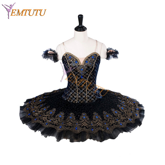 EMTUTU Girls Black Velvet Bodice YAGP Ballet Dress Swan Lake Odile Variation Dance Costumes