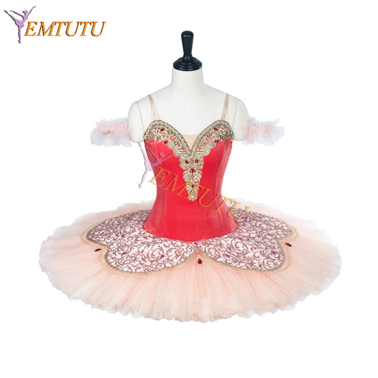 EMTUTU Girls Dark Pink Velvet Stiff Tulle Professional Stage Costume for Coppelia Dawn Variation Costume Ballet