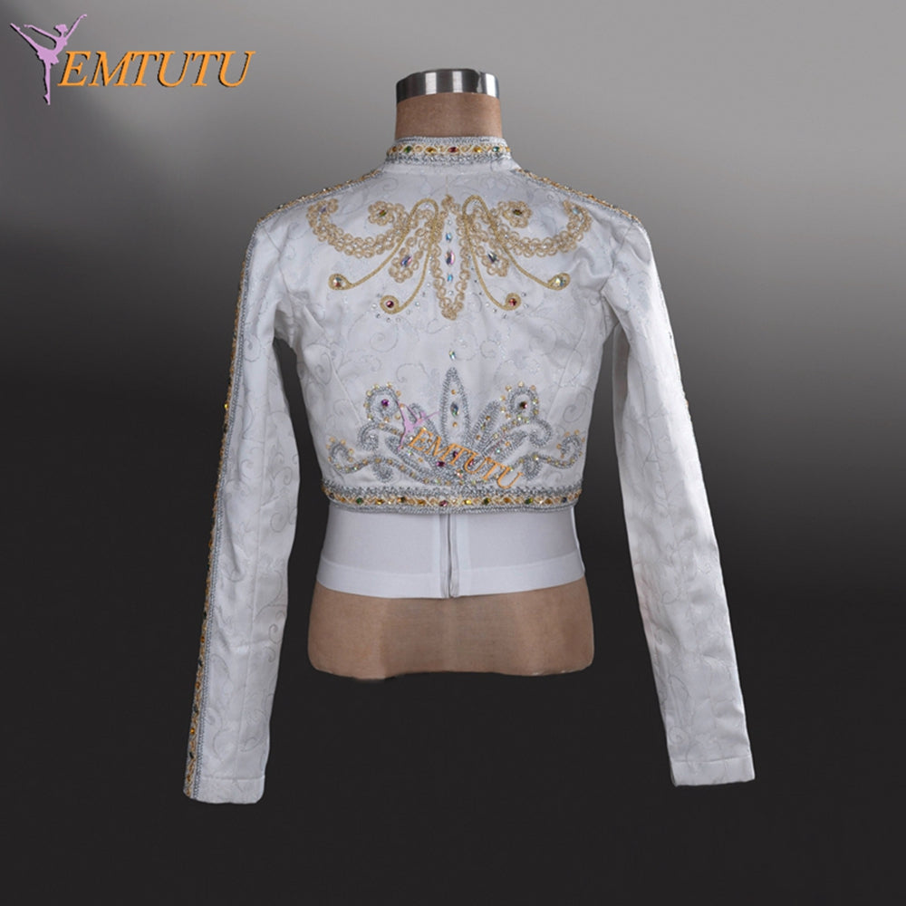 EMTUTU Customized Man' White Ballet Dance Tunic Jacket 2-piece Prince Jacket professional Classical Silver Spanish Ballet Costume