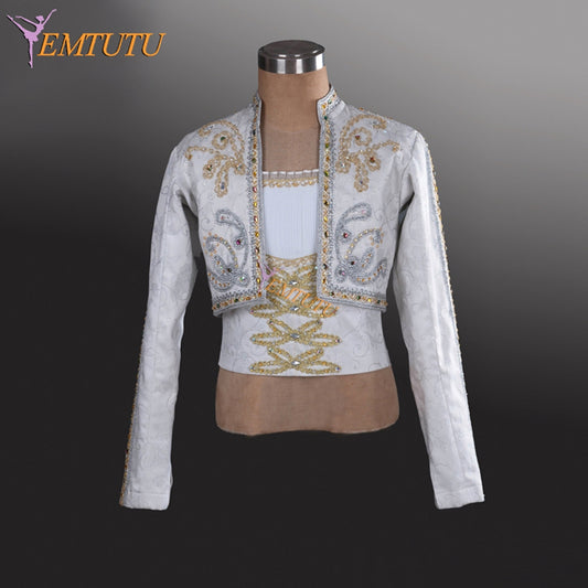 EMTUTU Customized Man' White Ballet Dance Tunic Jacket 2-piece Prince Jacket professional Classical Silver Spanish Ballet Costume