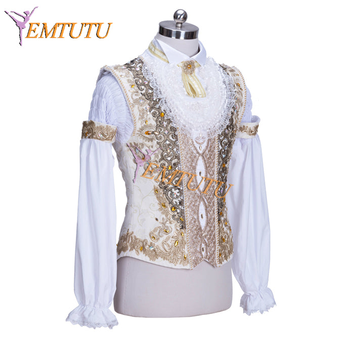 EMTUTU White and Gold Professional Custom Made Prince Desire Tunic Male Ballet Dancer Costume