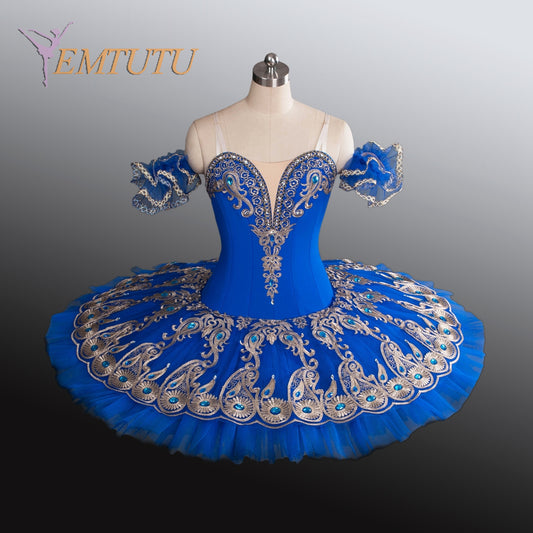 EM1181 EMTUTU Adults Professional Ballet Tutus Blue Gold Women Professional Ballet Costume La Fille du Pharaon PlatterPancake Performance Tutu