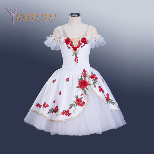 EM1346 EMTUTU Professional Ballet Long Dress Women Girls The Awakening of Flora Ballet Tutu Costume White with Red Rose Embroidery
