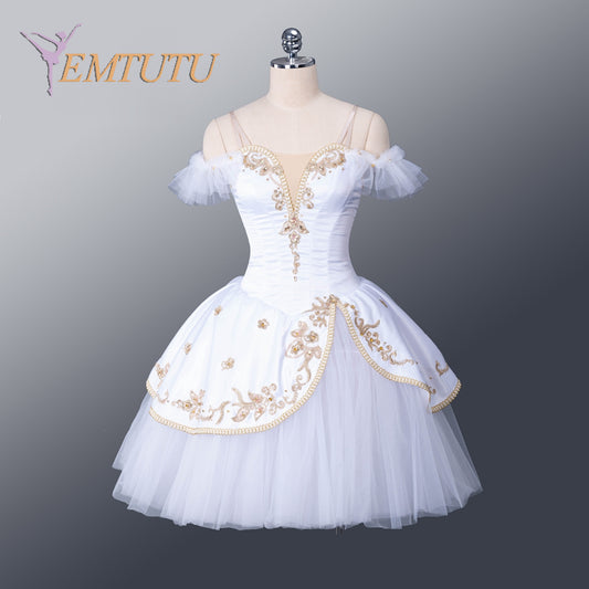EM1371 EMTUTU Professional Ballet Long Tutu White Gold The Awakening of Flora Variation Women Girls Competition Ballet Costume