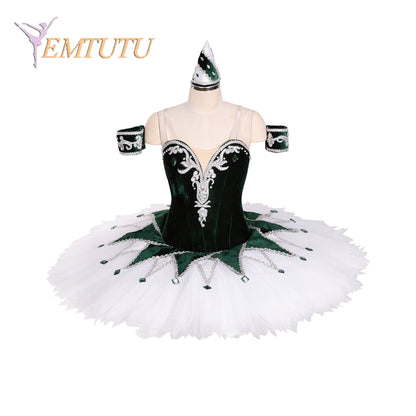 EM1382 EMTUTU Harlequin Variation Professional Ballet Stage Pancake Tutus Deep Green White Girls Adult Pancake Tutu Costumes with Headpiece
