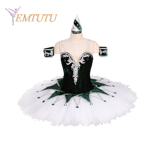 EM1382 EMTUTU Harlequin Variation Professional Ballet Stage Pancake Tutus Deep Green White Girls Adult Pancake Tutu Costumes with Headpiece