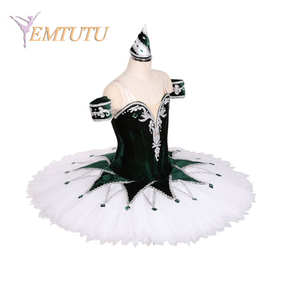 EM1382 EMTUTU Harlequin Variation Professional Ballet Stage Pancake Tutus Deep Green White Girls Adult Pancake Tutu Costumes with Headpiece