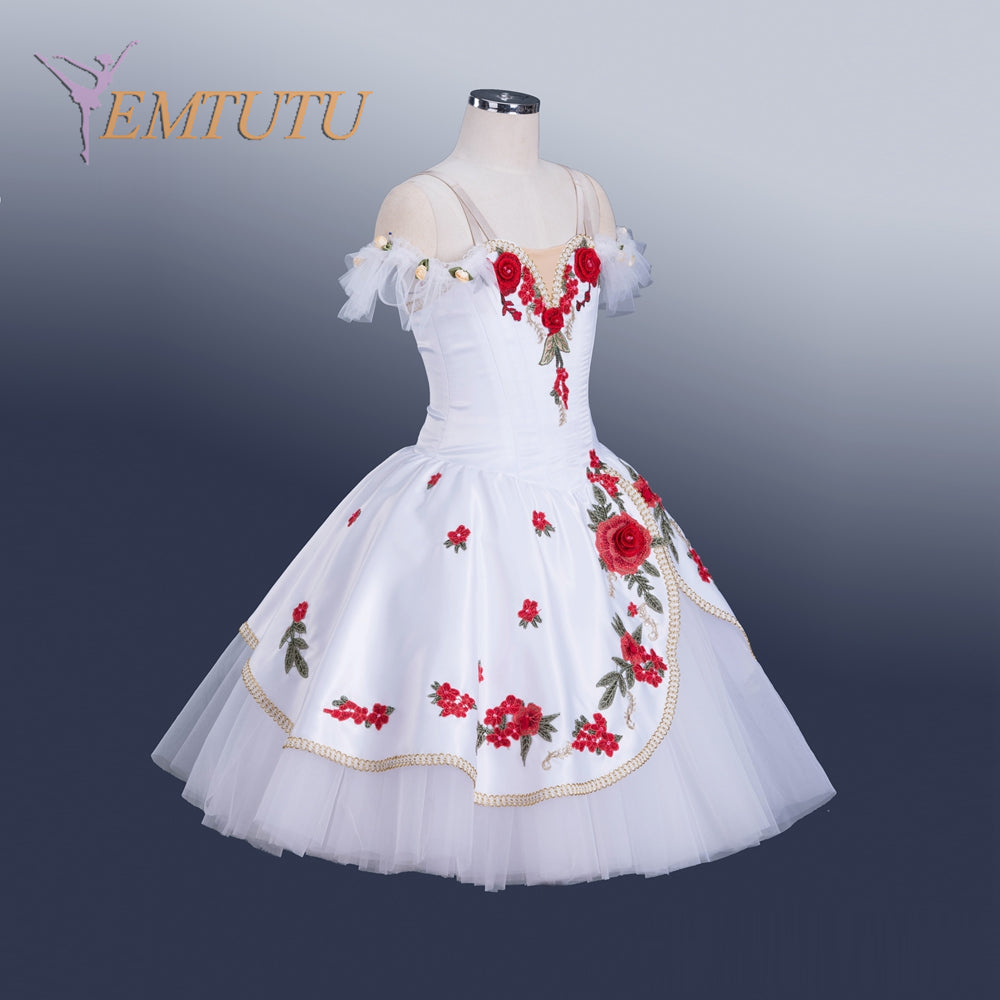 EM1346 EMTUTU Professional Ballet Long Dress Women Girls The Awakening of Flora Ballet Tutu Costume White with Red Rose Embroidery