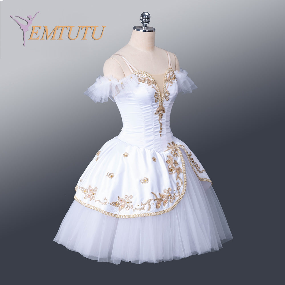 EM1371 EMTUTU Professional Ballet Long Tutu White Gold The Awakening of Flora Variation Women Girls Competition Ballet Costume