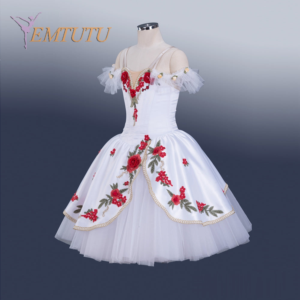 EM1346 EMTUTU Professional Ballet Long Dress Women Girls The Awakening of Flora Ballet Tutu Costume White with Red Rose Embroidery