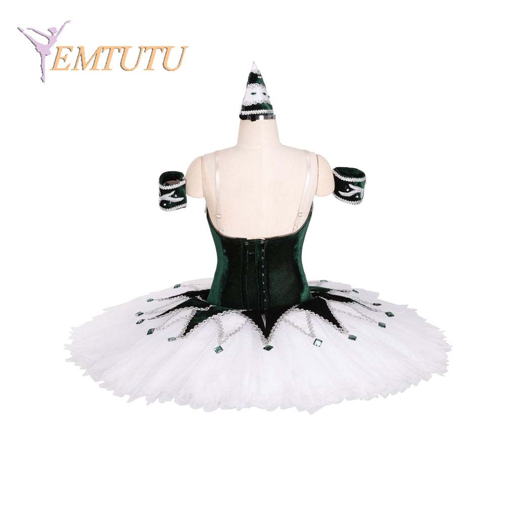 EM1382 EMTUTU Harlequin Variation Professional Ballet Stage Pancake Tutus Deep Green White Girls Adult Pancake Tutu Costumes with Headpiece