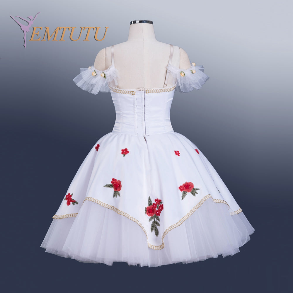EM1346 EMTUTU Professional Ballet Long Dress Women Girls The Awakening of Flora Ballet Tutu Costume White with Red Rose Embroidery