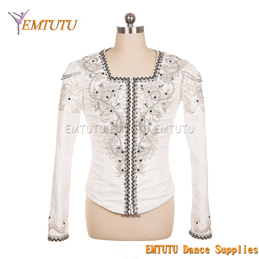 EM003 White Silver Boy's Professional Ballet Costume Dance Top,Stage Performance Ballet Tunic,Men's Ballet Jacket Outwear Coat Male