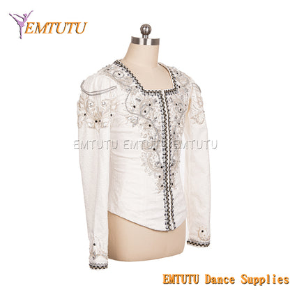 EM003 White Silver Boy's Professional Ballet Costume Dance Top,Stage Performance Ballet Tunic,Men's Ballet Jacket Outwear Coat Male