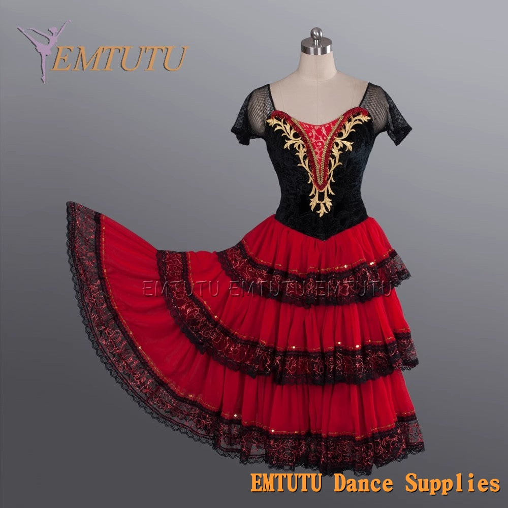 EM1139 EMTUTU Red and Black Kitri Variation Spanish Style Stage Costume Romantic Tutu Ballet Dress for Girls