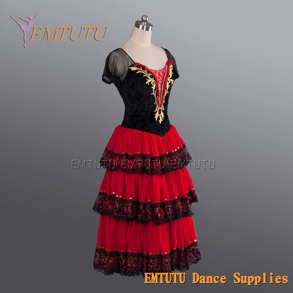 EM1139 EMTUTU Red and Black Kitri Variation Spanish Style Stage Costume Romantic Tutu Ballet Dress for Girls