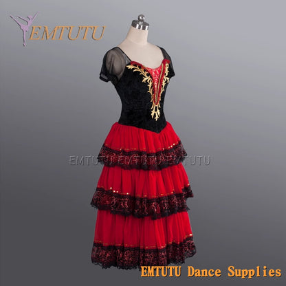 EM1139 EMTUTU Red and Black Kitri Variation Spanish Style Stage Costume Romantic Tutu Ballet Dress for Girls