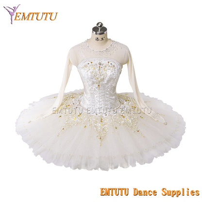 EM1437 EMTUTU Adult Girls Professional Ballet Tutu White Golden Women Ballet Stage Costumes Pancake Performance Tutus