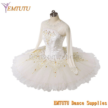 EM1437 EMTUTU Adult Girls Professional Ballet Tutu White Golden Women Ballet Stage Costumes Pancake Performance Tutus