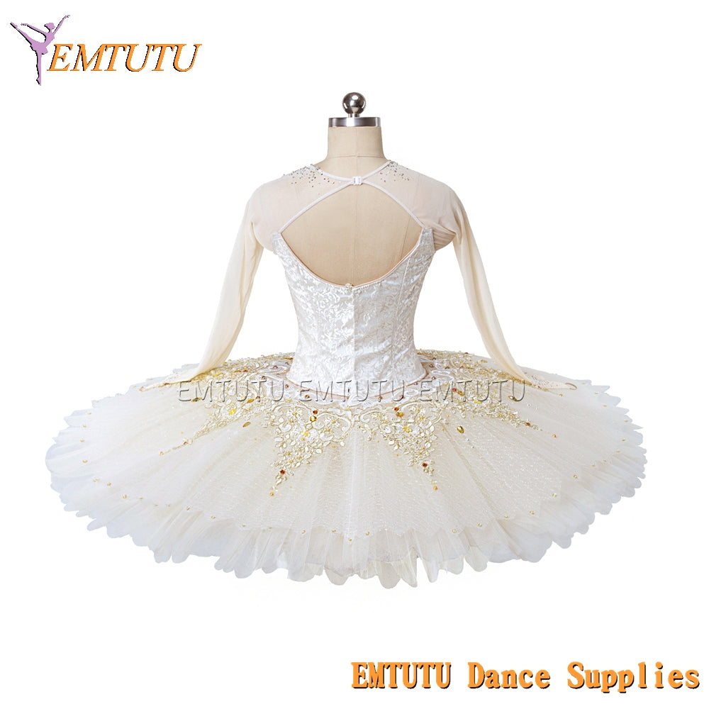 EM1437 EMTUTU Adult Girls Professional Ballet Tutu White Golden Women Ballet Stage Costumes Pancake Performance Tutus