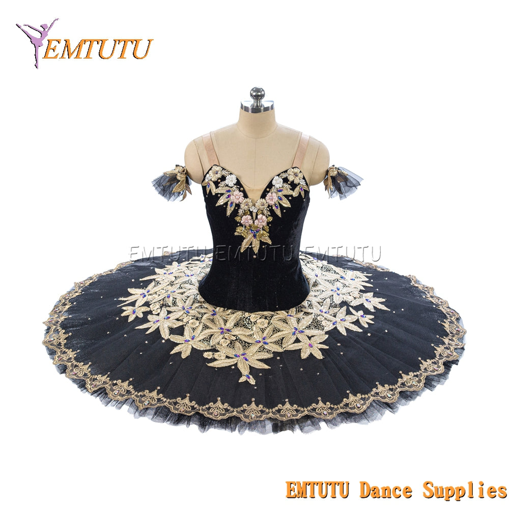 EM1466 EMTUTU Women Girls Black Professional Ballet Tutu Gold Ballet Pancake Tutu Performance Classical Ballet Tutu