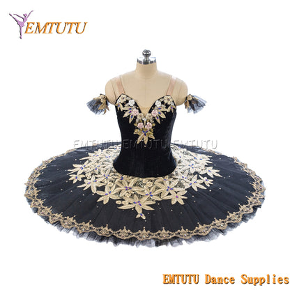 EM1466 EMTUTU Women Girls Black Professional Ballet Tutu Gold Ballet Pancake Tutu Performance Classical Ballet Tutu