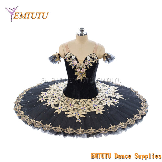 EM1466 EMTUTU Women Girls Black Professional Ballet Tutu Gold Ballet Pancake Tutu Performance Classical Ballet Tutu