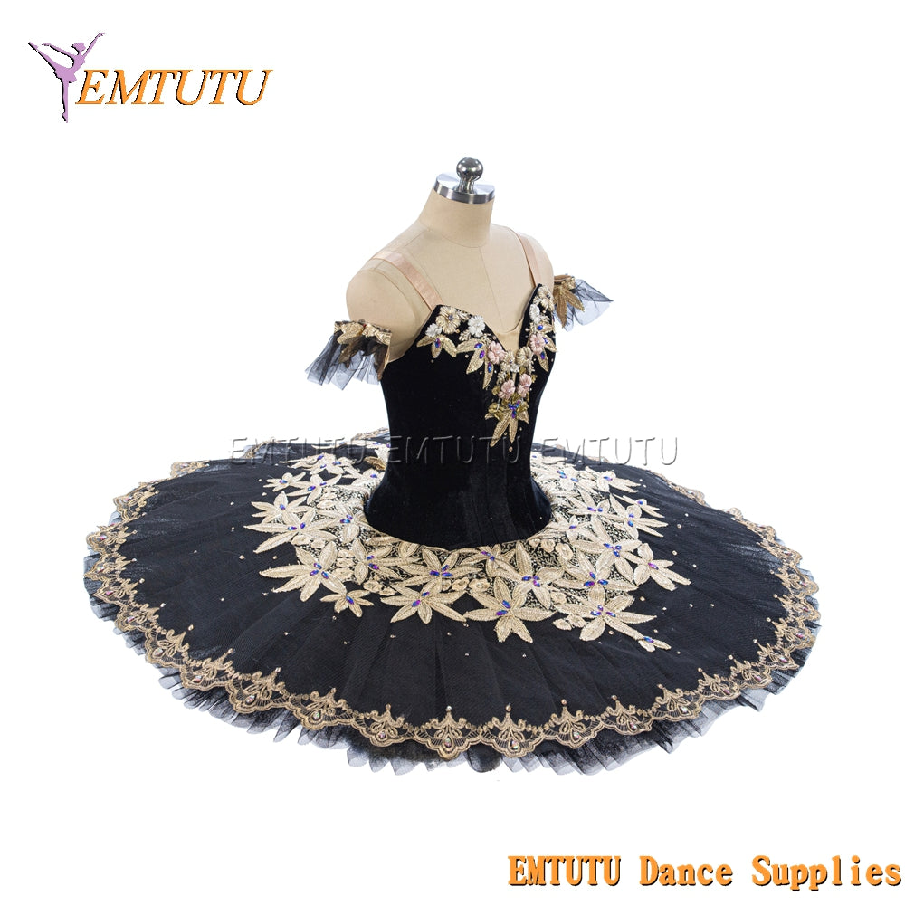 EM1466 EMTUTU Women Girls Black Professional Ballet Tutu Gold Ballet Pancake Tutu Performance Classical Ballet Tutu