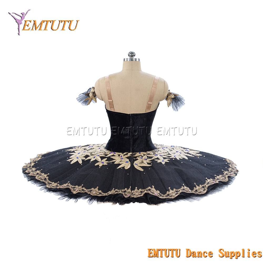 EM1466 EMTUTU Women Girls Black Professional Ballet Tutu Gold Ballet Pancake Tutu Performance Classical Ballet Tutu