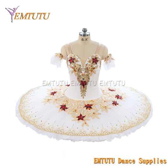 EM1469 EMTUTU Women Girls White Professional Ballet Tutu Gold Ballet Pancake Tutu Performance Classical Ballet Tutu