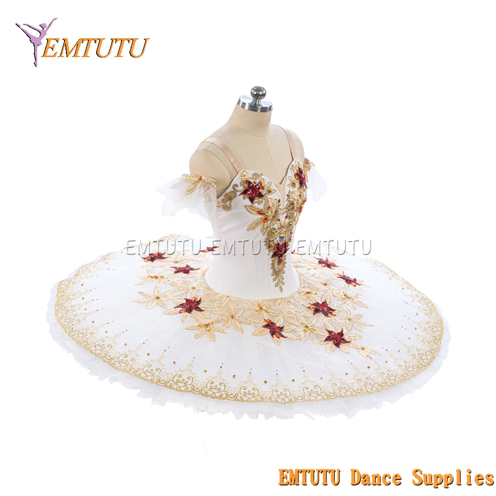 EM1469 EMTUTU Women Girls White Professional Ballet Tutu Gold Ballet Pancake Tutu Performance Classical Ballet Tutu