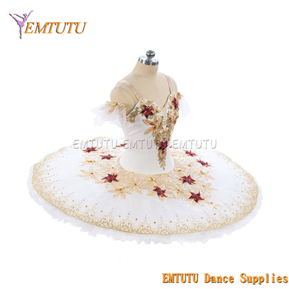 EM1469 EMTUTU Women Girls White Professional Ballet Tutu Gold Ballet Pancake Tutu Performance Classical Ballet Tutu