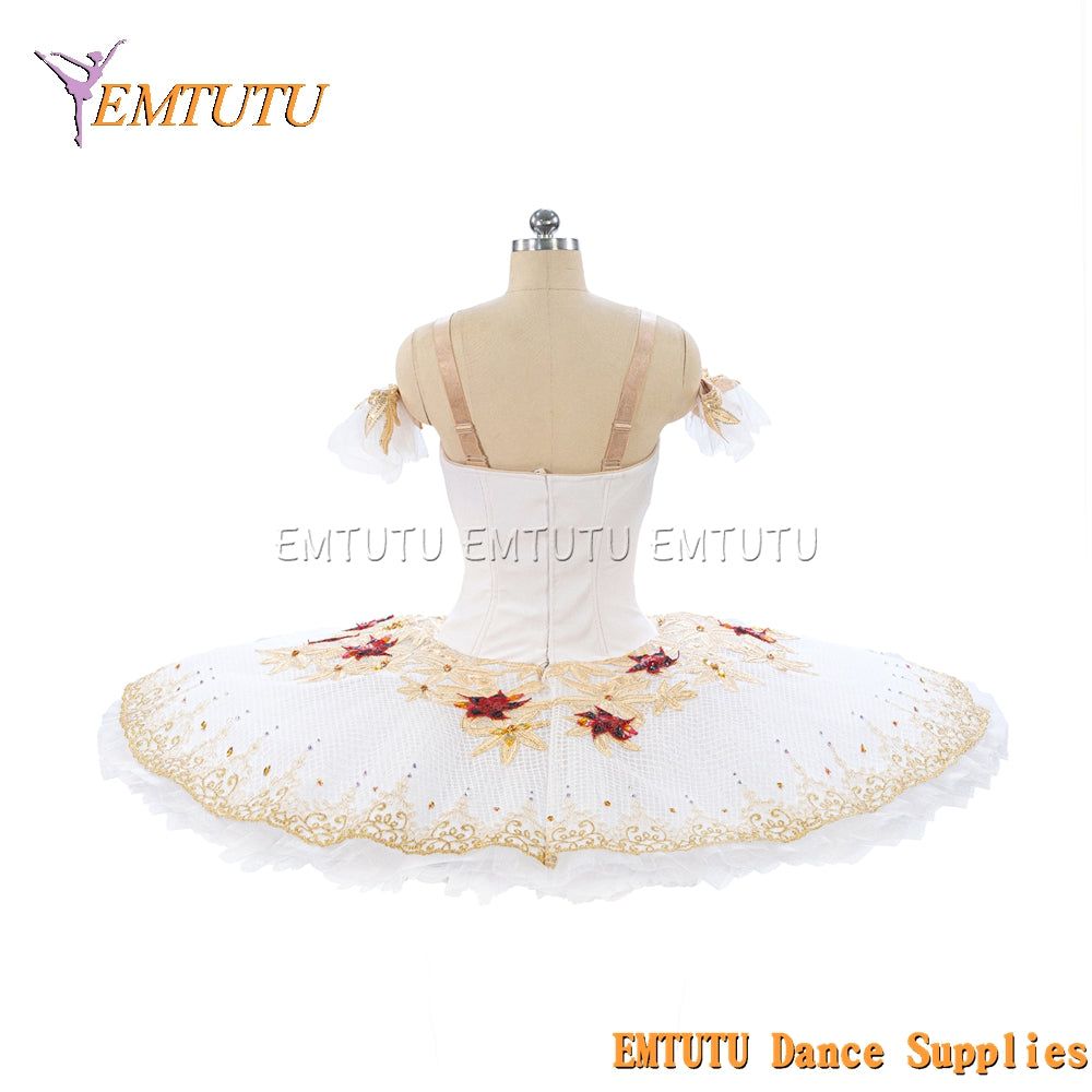EM1469 EMTUTU Women Girls White Professional Ballet Tutu Gold Ballet Pancake Tutu Performance Classical Ballet Tutu