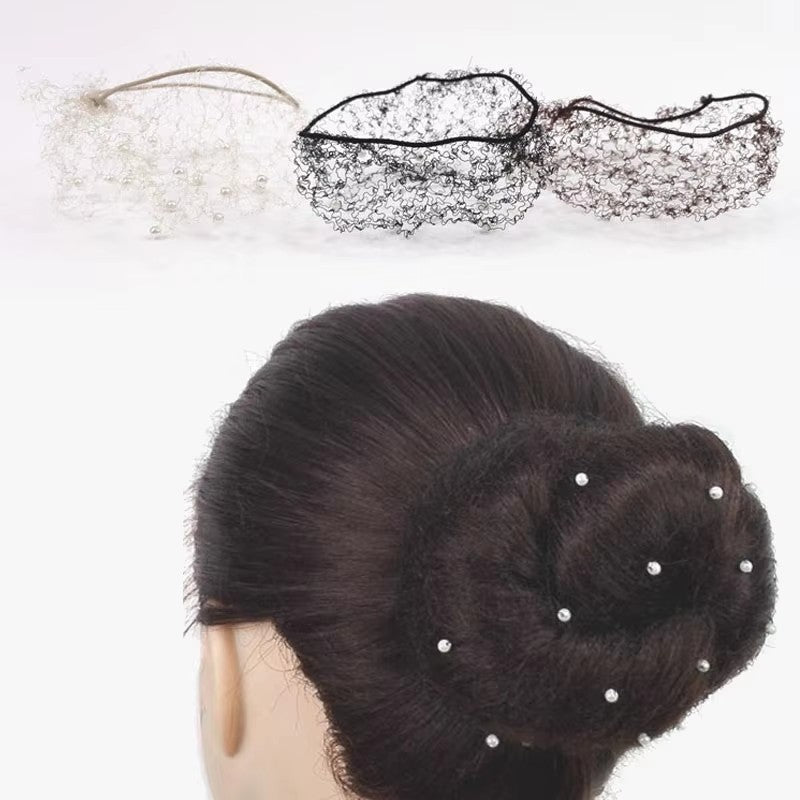 H011 EMTUTU Women Invisible Ballet Bun Cap with Pearl Black Brown Blond Ballet Hair Bun Cover Ballet Dance Skating Hairnet Accessories