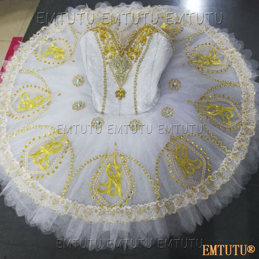 EMKB0106 EMTUTU Professional Ballet Tutu Costume White Golden Women Girls Custom Made Ballet Stage Pancake Tutus Dress