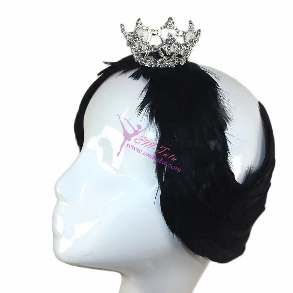 LA116 EMTUTU White Black Swan Lake Ballet Headwear with Tiara Crown Real Feather Nutcracker Ballet Headpieces Hand Made Ballet Headband