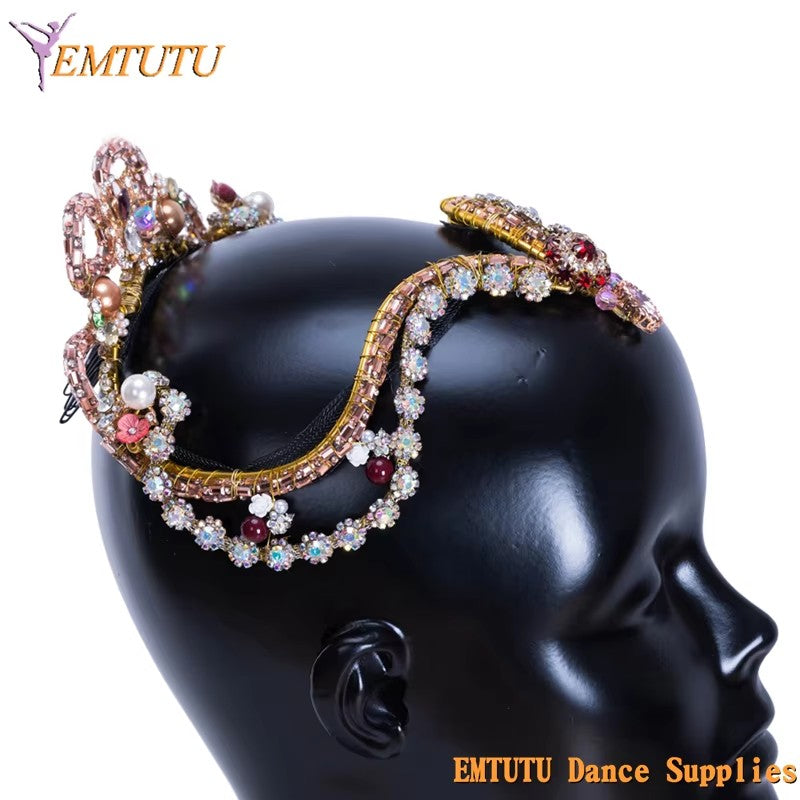 MD027 EMTUTU Aurora Pink Gold Professional Ballet Tiara Ballet Crown Women Girls Sleeping Beauty Ballet Headpiece Handmade Ballet Headwear