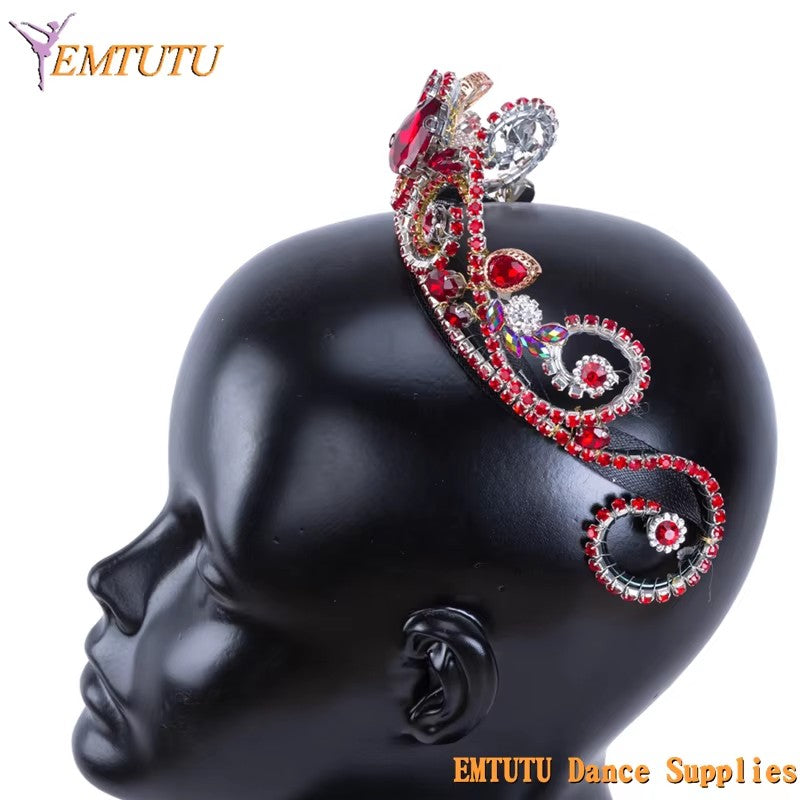 MD032 EMTUTU Women Ballet Competition Performance Professional Ballet Tiara Crown Red Rhinestones Classical Ballet Headpiece Handmade Girls