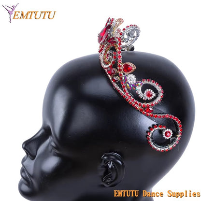 MD032 EMTUTU Women Ballet Competition Performance Professional Ballet Tiara Crown Red Rhinestones Classical Ballet Headpiece Handmade Girls
