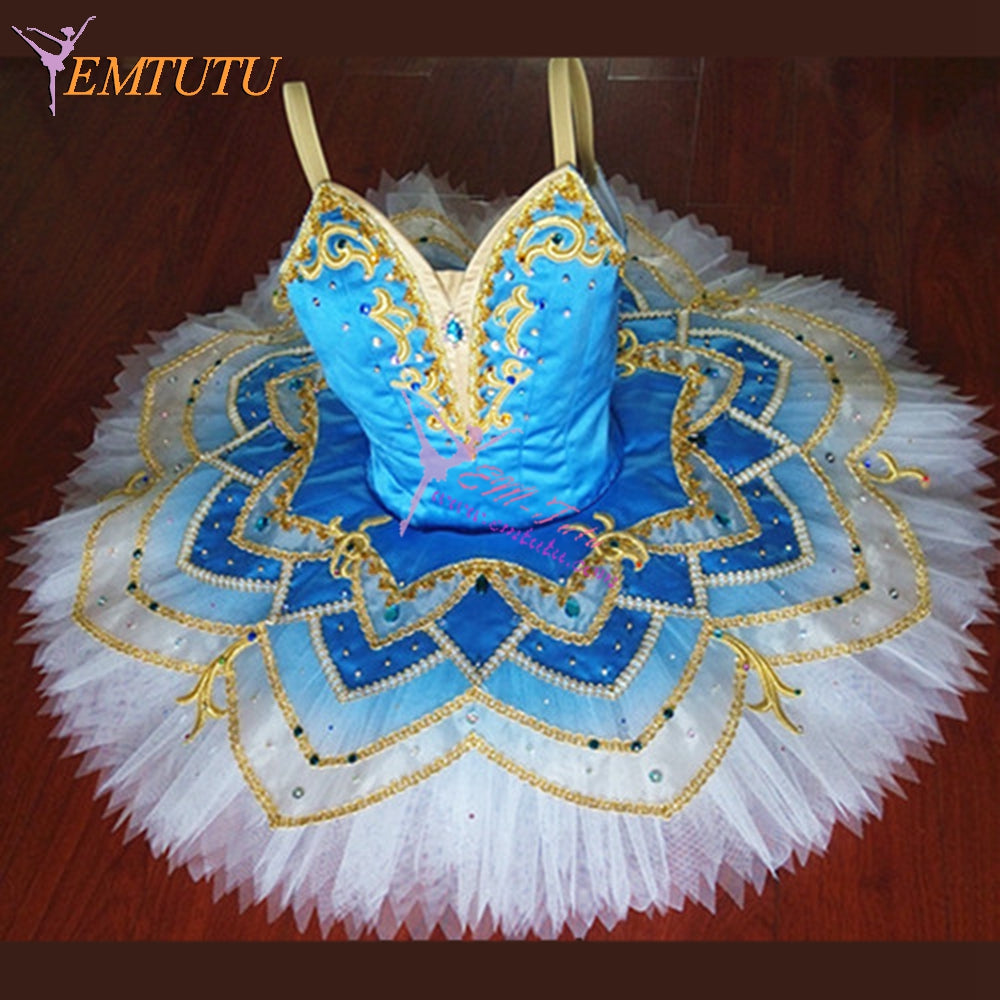 ST309 EMTUTUProfessional Ballet Tutu Blue Gold Women Adult Nutcracker Ballet Stage Costume Flame Of Paris Pancake Tutu Skirt Custom Made